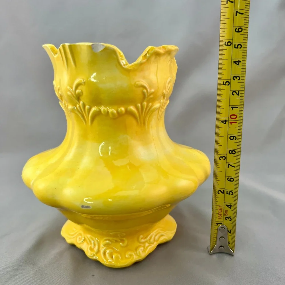 Ceramic Vase Yellow Fair Embossed Scalloped No. 62 Vintage See pics for flaws